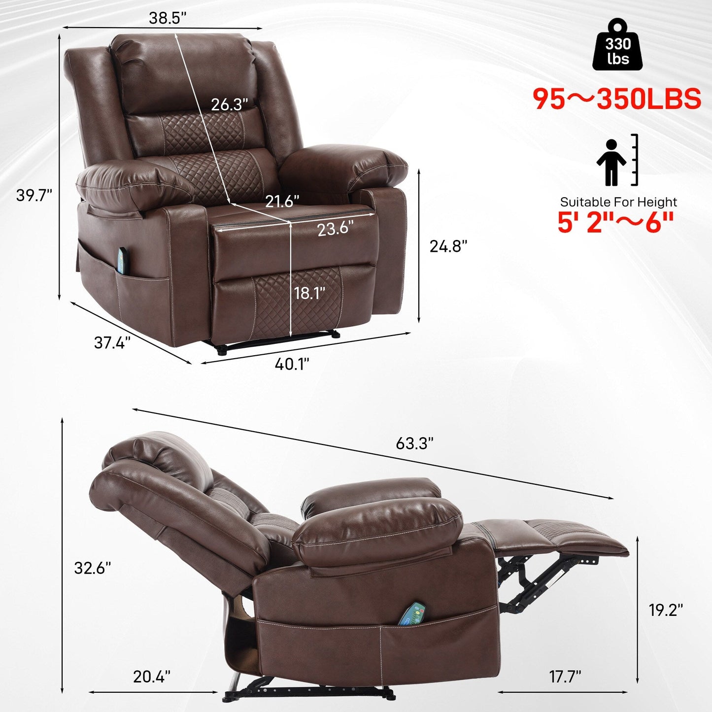 Fauteuil inclinable manuel marron avec massage en 8 points, fonction chauffante et structure robuste pour un confort optimal au salon