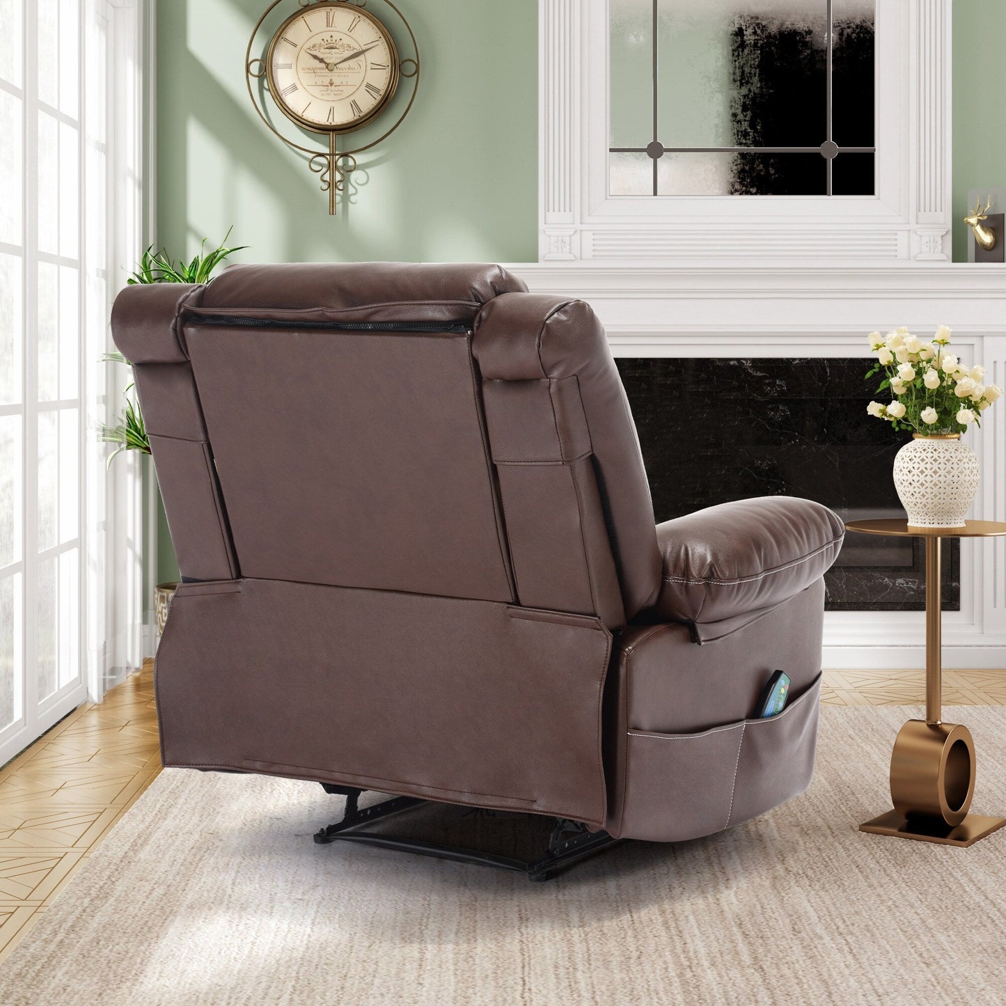 Fauteuil inclinable manuel marron avec massage en 8 points, fonction chauffante et structure robuste pour un confort optimal au salon