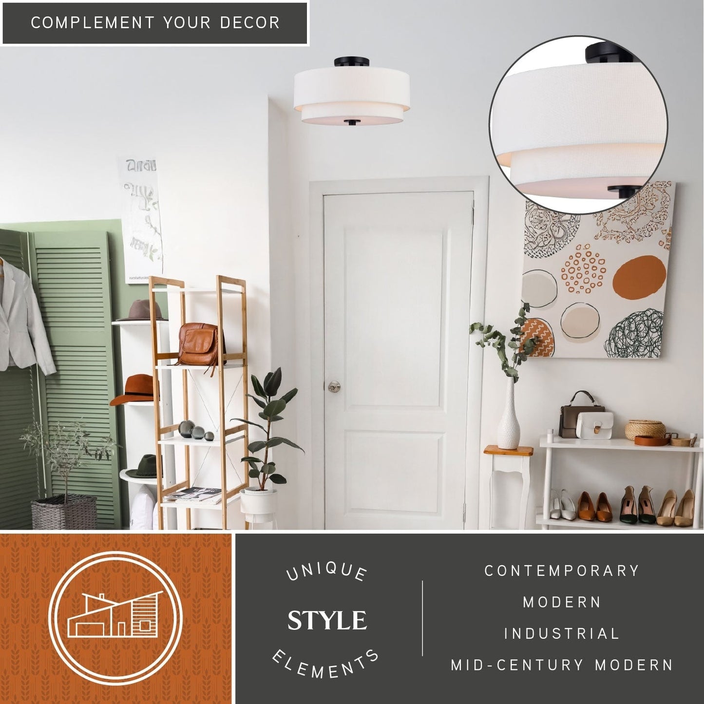 Plafonnier Burnaby style moderne du milieu du siècle, abat-jour tambour en lin blanc