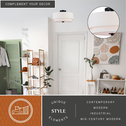 Plafonnier Burnaby style moderne du milieu du siècle, abat-jour tambour en lin blanc