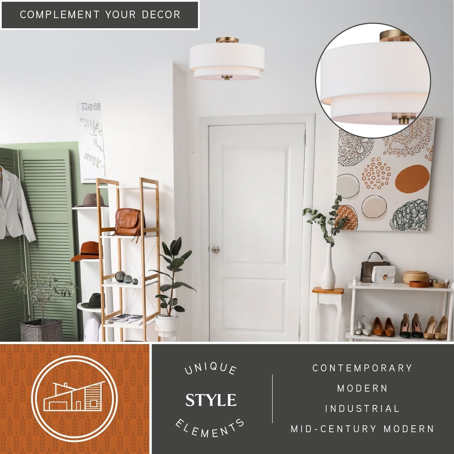 Plafonnier Burnaby style moderne du milieu du siècle, abat-jour tambour en lin blanc