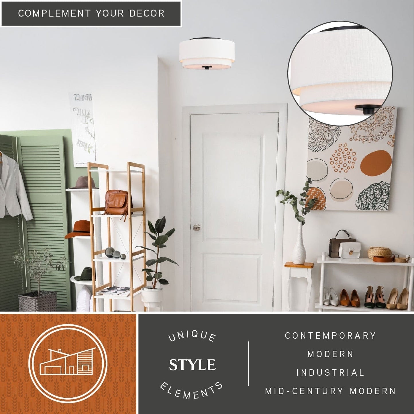 Plafonnier Burnaby style moderne du milieu du siècle, abat-jour tambour en lin blanc