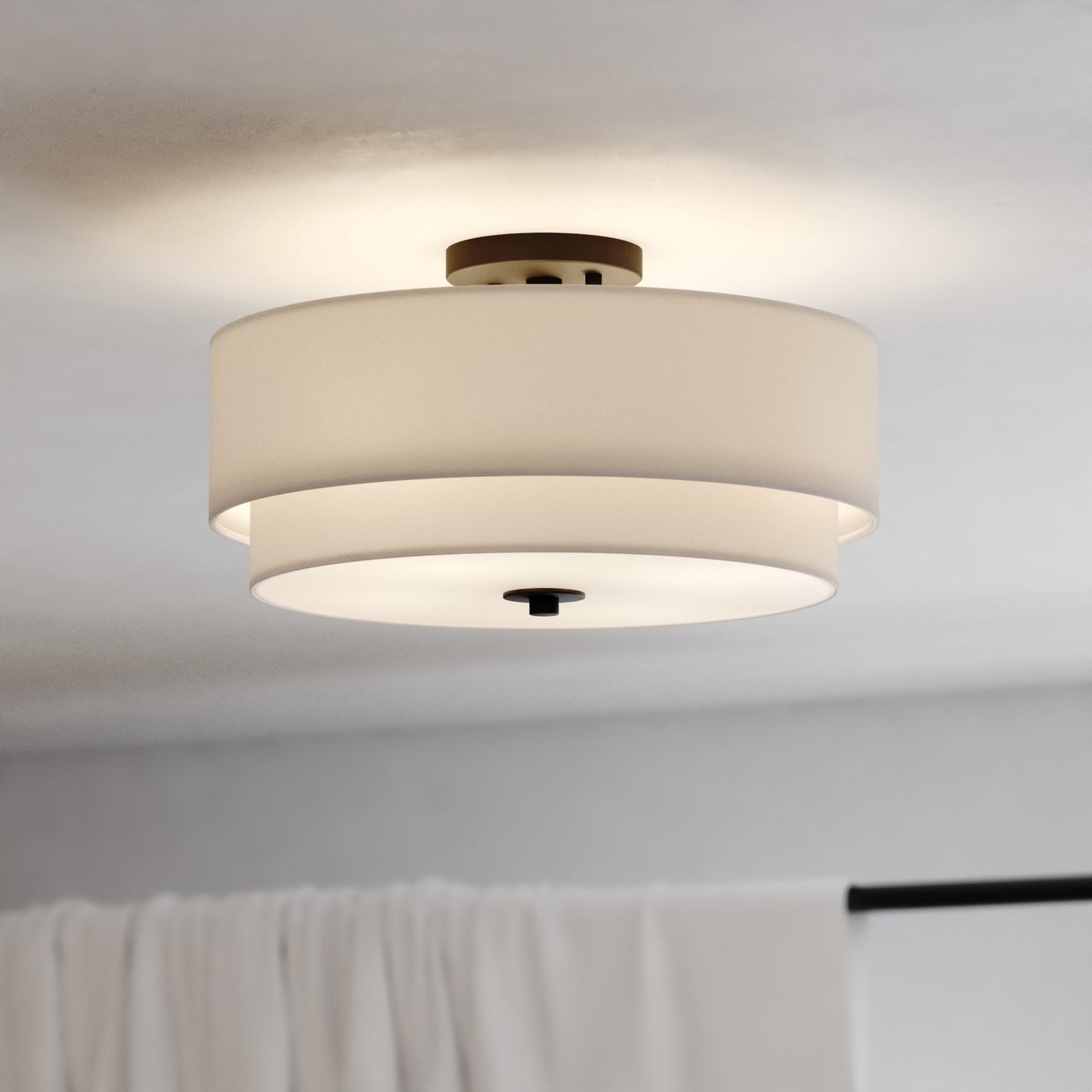 Plafonnier Burnaby style moderne du milieu du siècle, abat-jour tambour en lin blanc