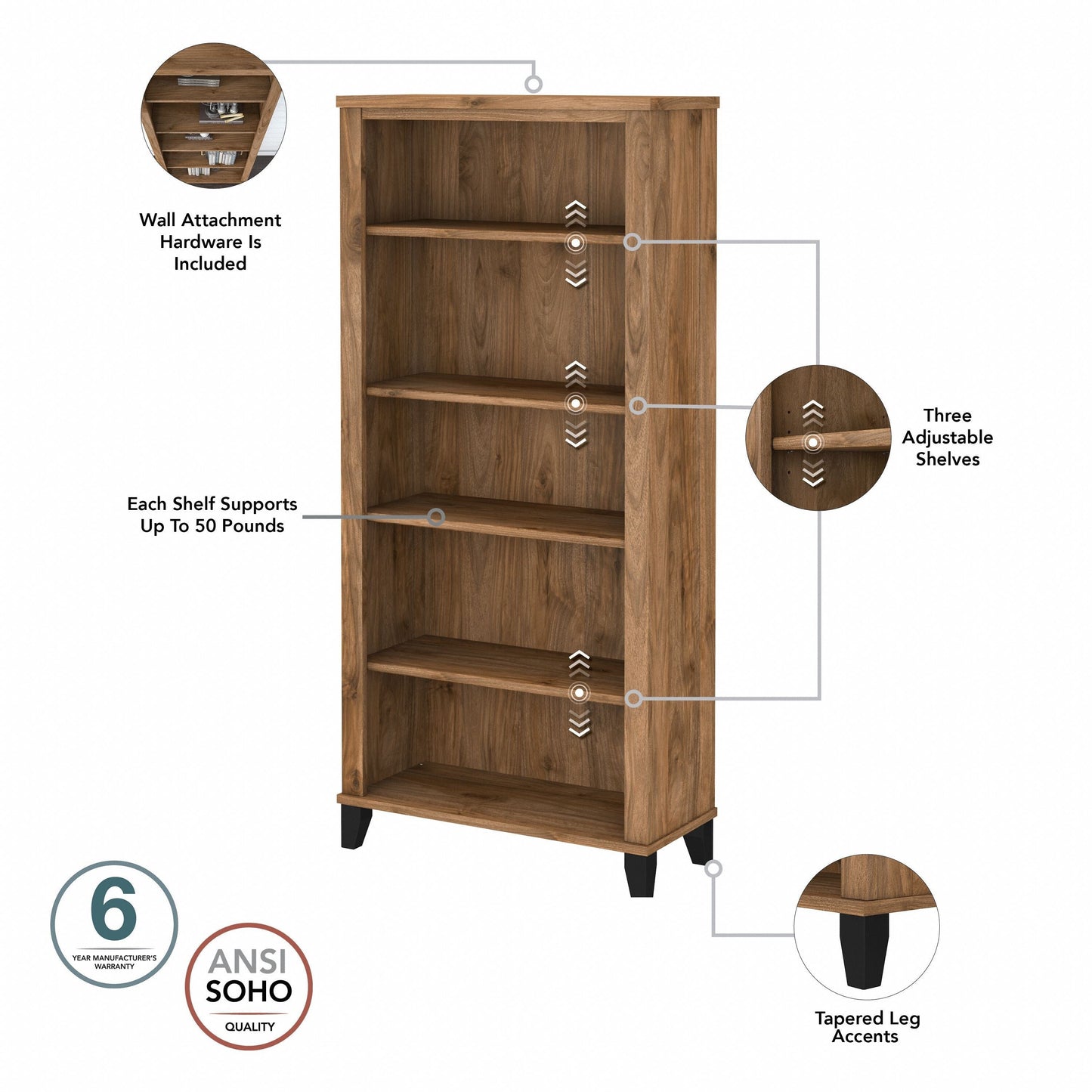 Bibliothèque haute à 5 étagères Bush Furniture Somerset avec étagères réglables