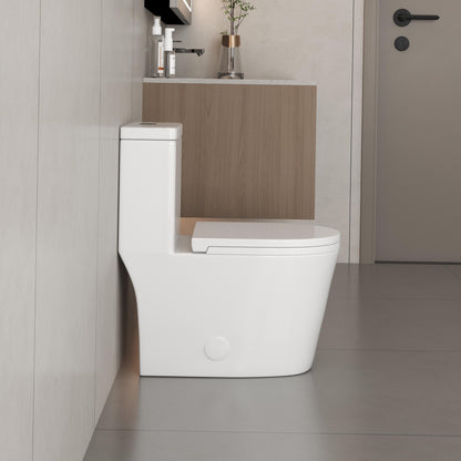 WC monobloc compact CB HOME 61 cm (24 po), double chasse d'eau, modèle moderne à siphon, avec abattant à fermeture ralentie et hauteur confort de 42 cm (16,5 po).