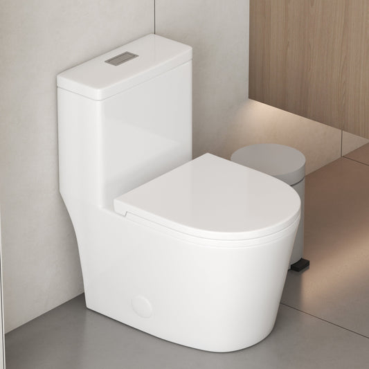 WC monobloc compact CB HOME 61 cm (24 po), double chasse d'eau, modèle moderne à siphon, avec abattant à fermeture ralentie et hauteur confort de 42 cm (16,5 po).