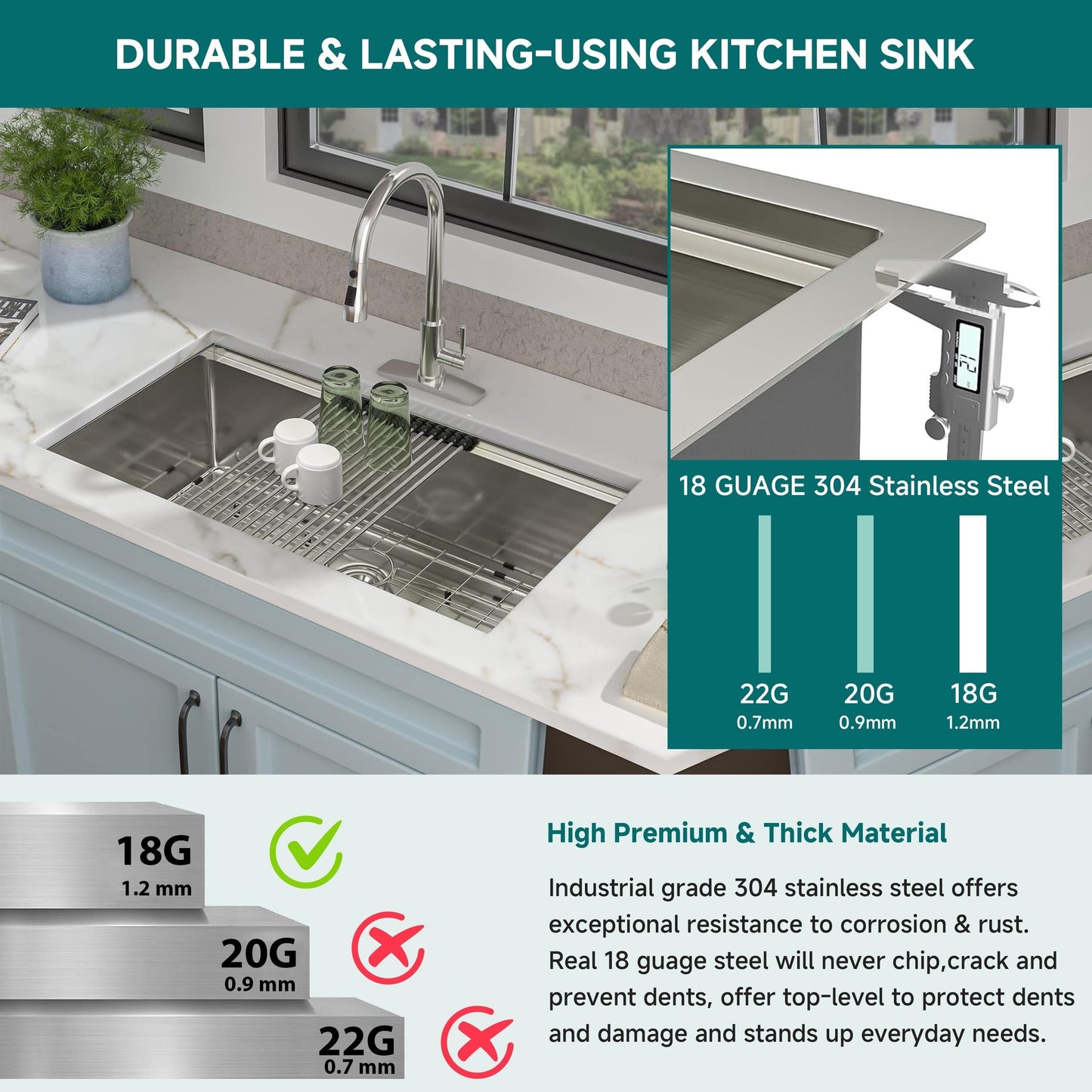 Évier de cuisine CB HOME 32'' à encastrer sous plan, finition or, évier à poser noir/acier inoxydable, évier à une cuve avec accessoires