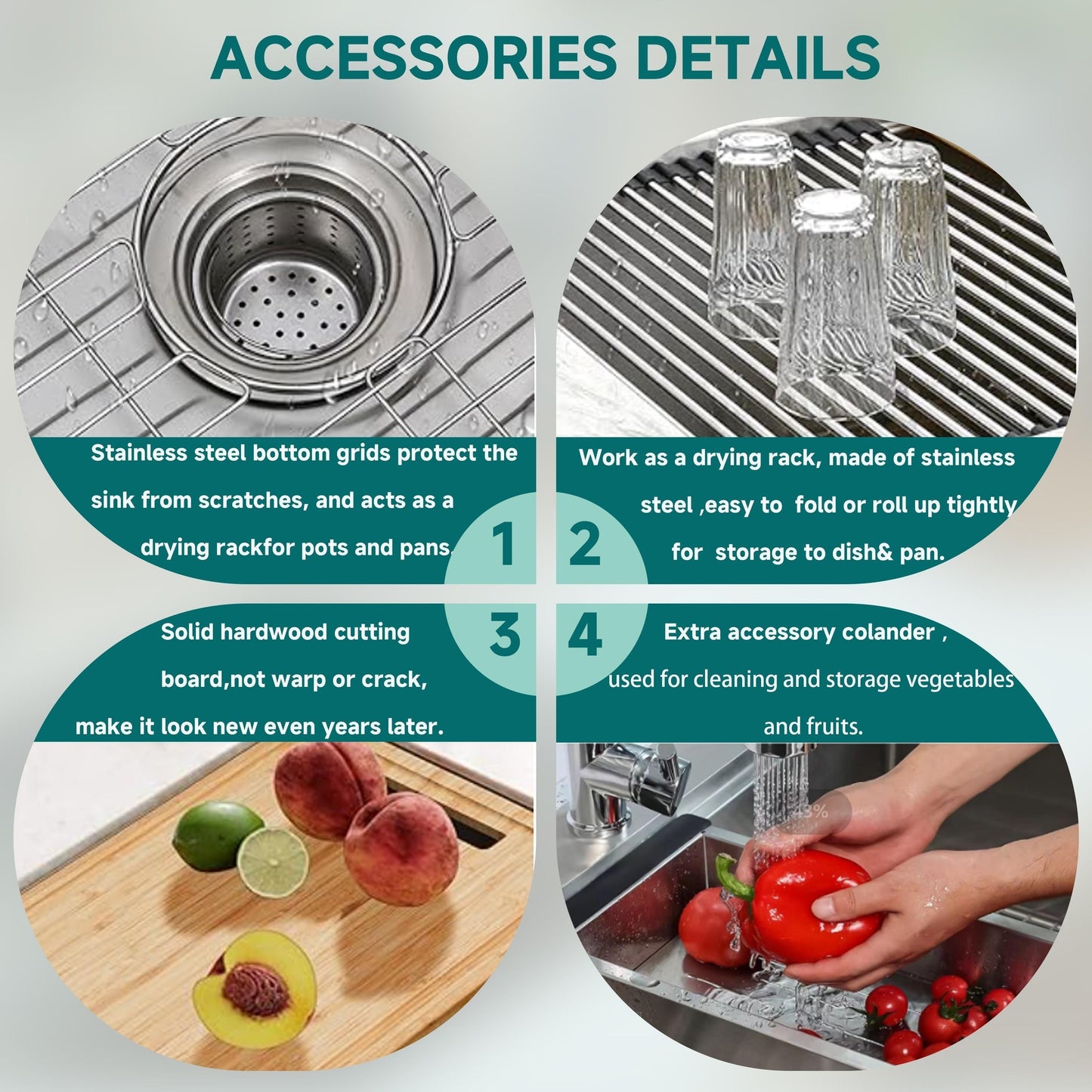 Évier de cuisine CB HOME 32'' à encastrer sous plan, finition or, évier à poser noir/acier inoxydable, évier à une cuve avec accessoires