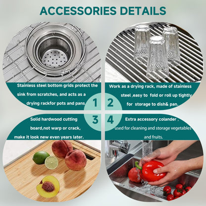 Évier de cuisine CB HOME 32'' à encastrer sous plan, finition or, évier à poser noir/acier inoxydable, évier à une cuve avec accessoires