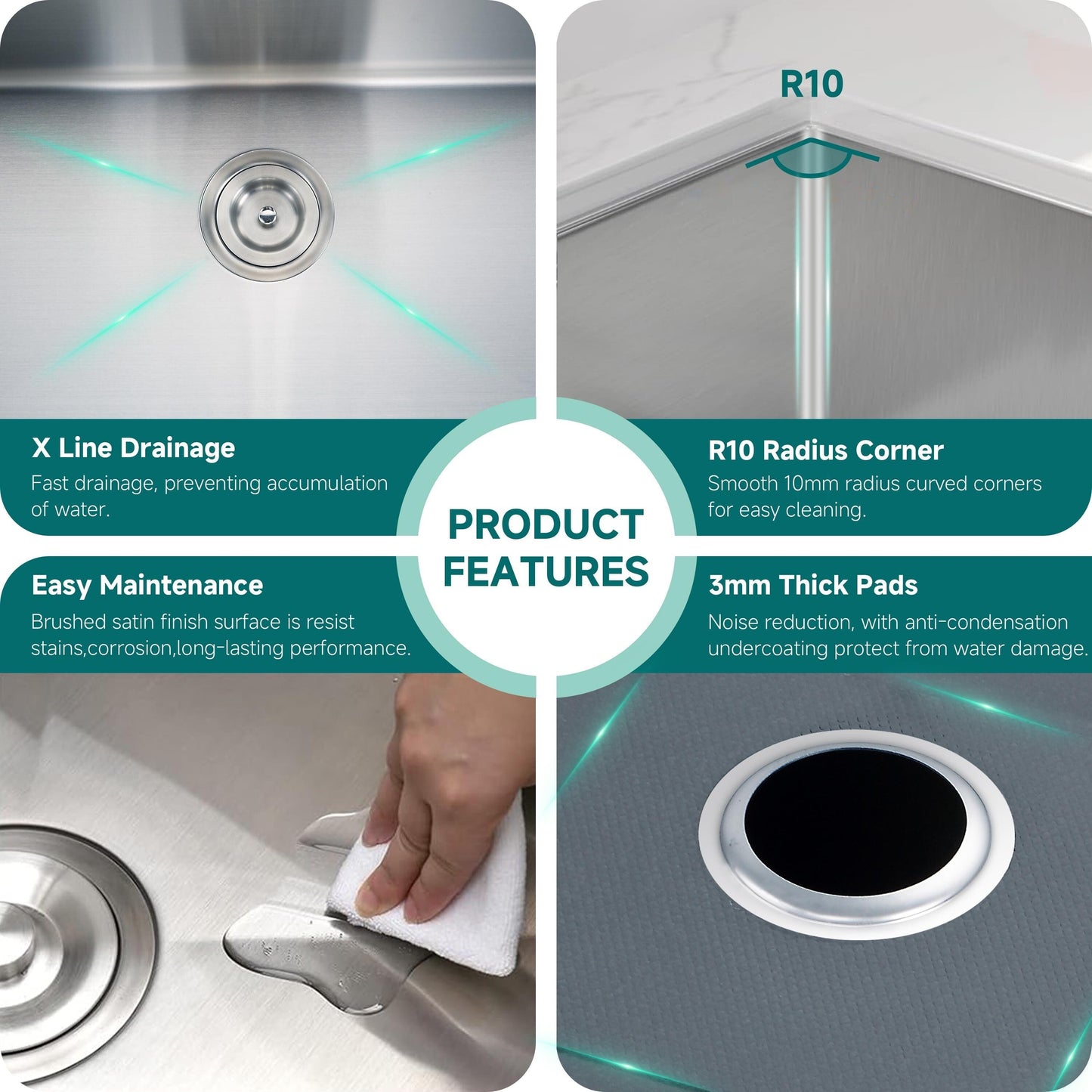 Évier de cuisine CB HOME 32'' à encastrer sous plan, finition or, évier à poser noir/acier inoxydable, évier à une cuve avec accessoires