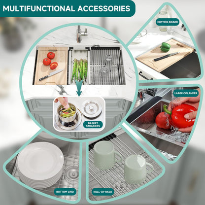 Évier de cuisine CB HOME 32'' à encastrer sous plan, finition or, évier à poser noir/acier inoxydable, évier à une cuve avec accessoires
