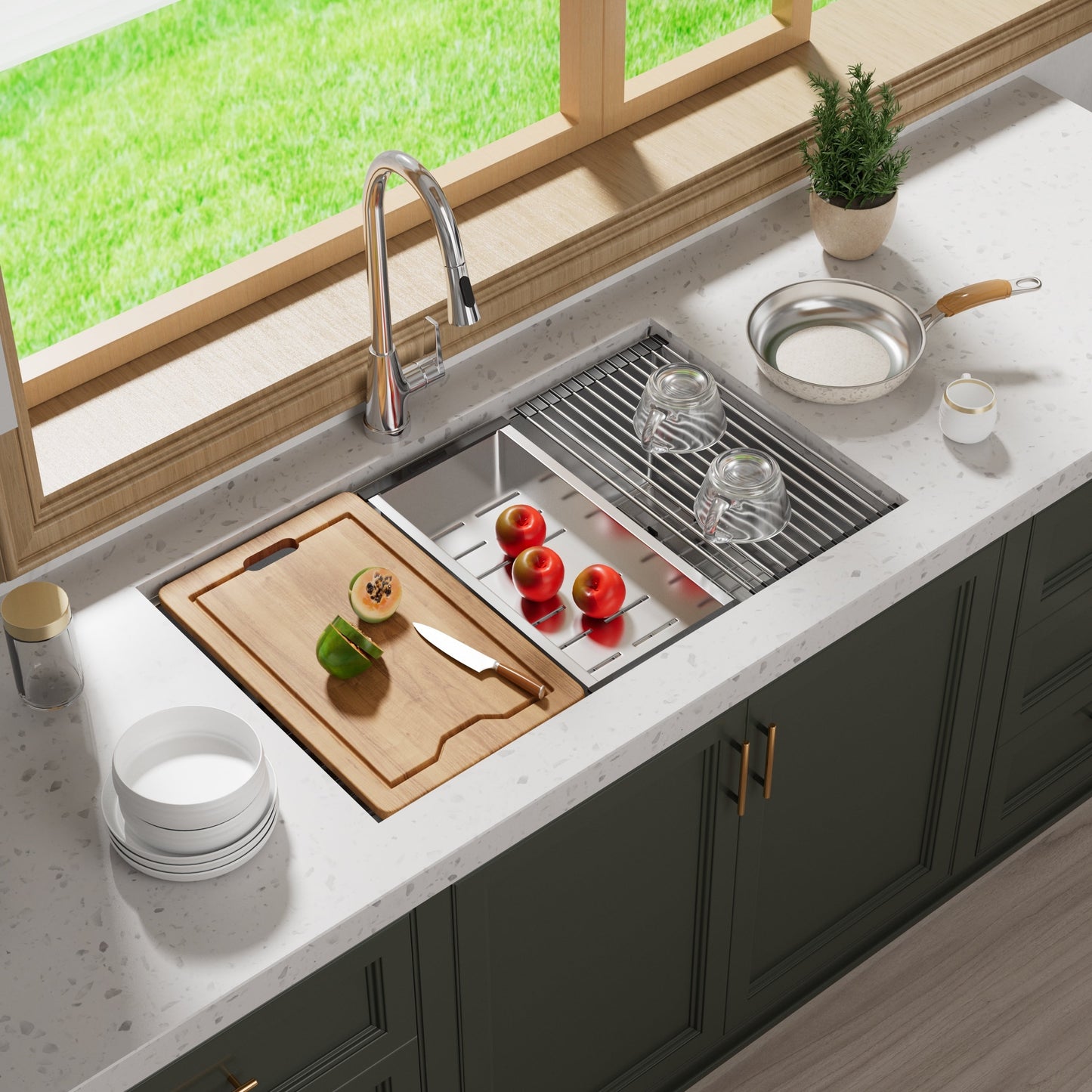 Évier de cuisine CB HOME 32'' à encastrer sous plan, finition or, évier à poser noir/acier inoxydable, évier à une cuve avec accessoires