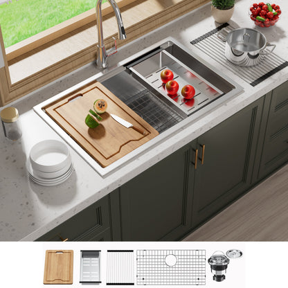 Évier de cuisine CB HOME 32'' à encastrer sous plan, finition or, évier à poser noir/acier inoxydable, évier à une cuve avec accessoires