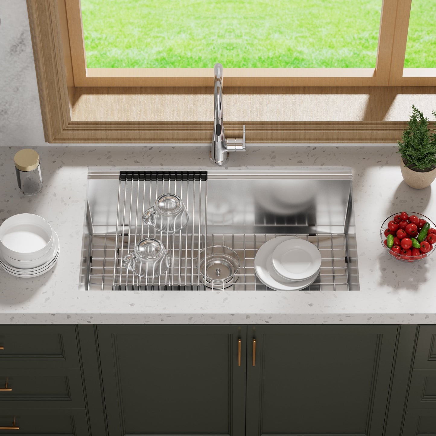 Évier de cuisine CB HOME 32'' à encastrer sous plan, finition or, évier à poser noir/acier inoxydable, évier à une cuve avec accessoires