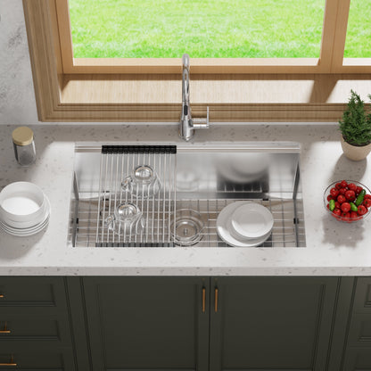 Évier de cuisine CB HOME 32'' à encastrer sous plan, finition or, évier à poser noir/acier inoxydable, évier à une cuve avec accessoires