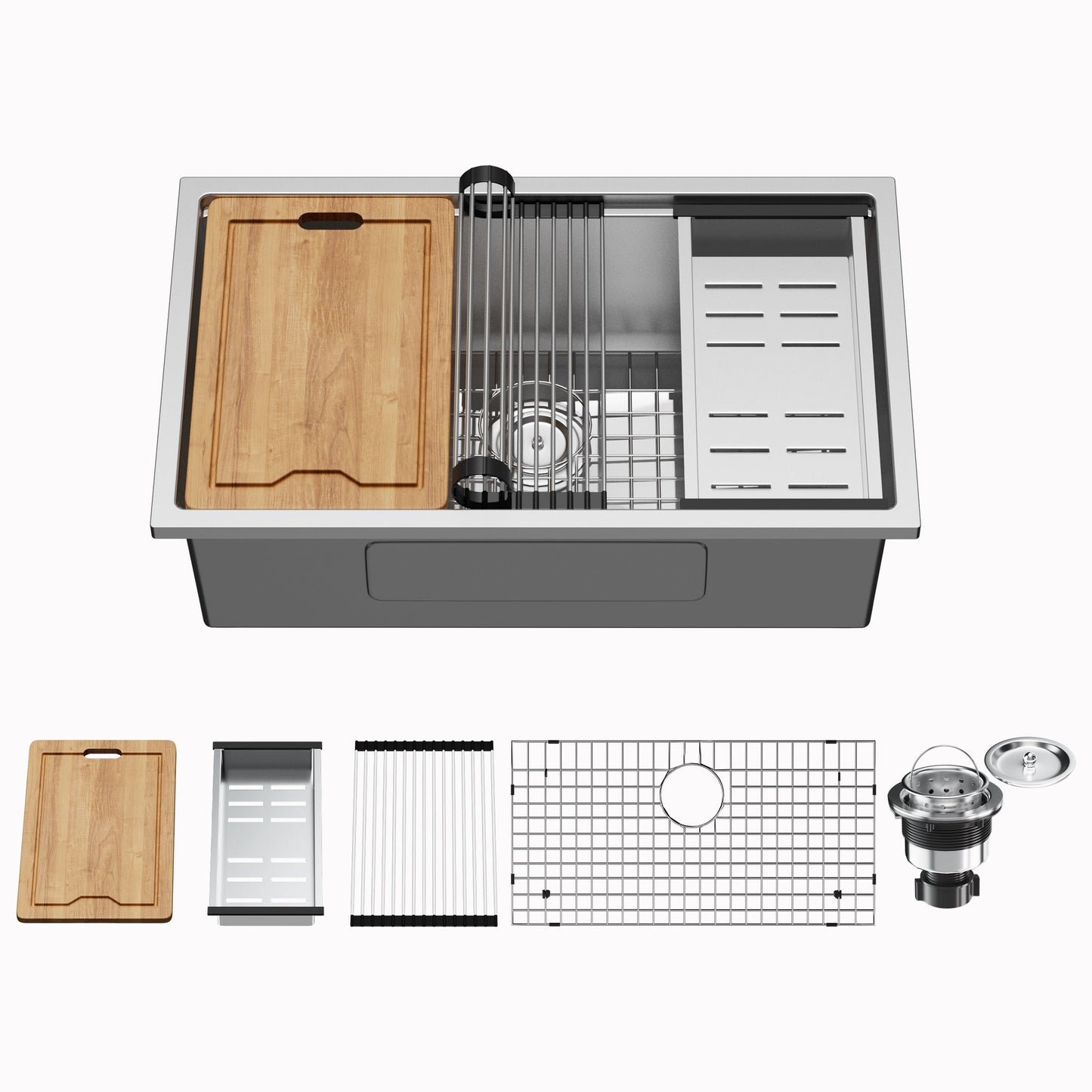 Évier de cuisine CB HOME 32'' à encastrer sous plan, finition or, évier à poser noir/acier inoxydable, évier à une cuve avec accessoires