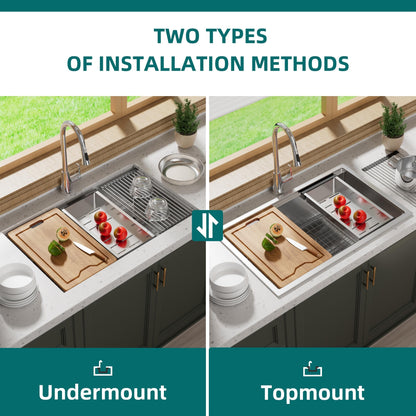 Évier de cuisine CB HOME 32'' à encastrer sous plan, finition or, évier à poser noir/acier inoxydable, évier à une cuve avec accessoires
