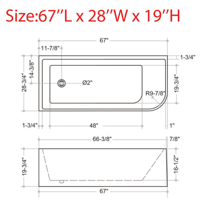Baignoires îlot en acrylique CB HOME 59''/67'', baignoires murales à un seul côté, trop-plein à gauche ou à droite