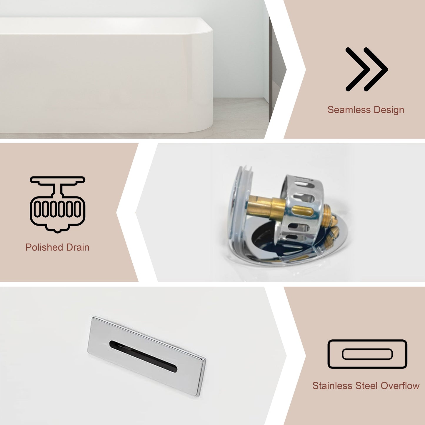 Baignoires îlot en acrylique CB HOME 59''/67'', baignoires murales à un seul côté, trop-plein à gauche ou à droite