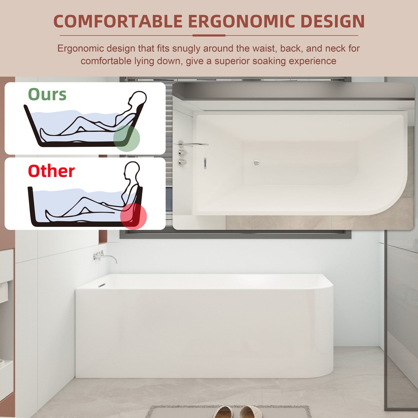 Baignoires îlot en acrylique CB HOME 59''/67'', baignoires murales à un seul côté, trop-plein à gauche ou à droite