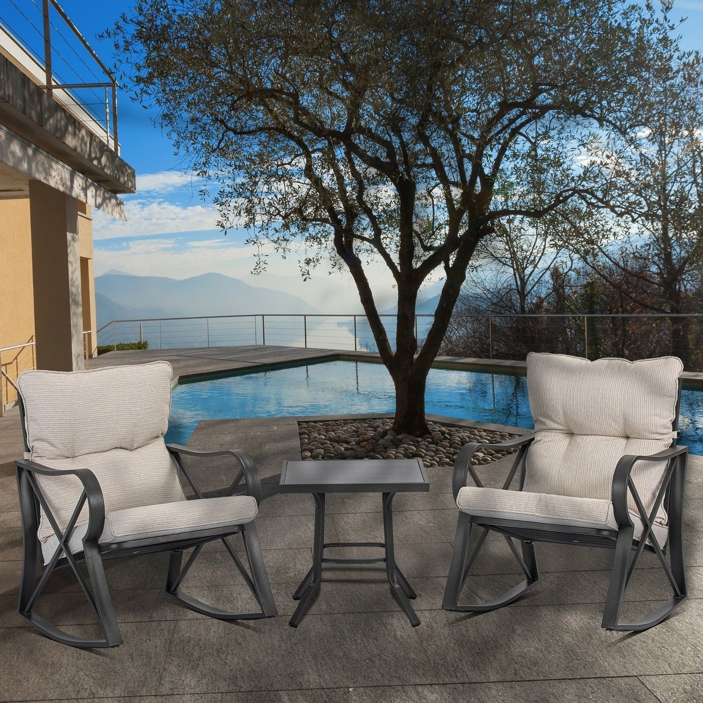 Ensemble de conversation extérieur 3 pièces avec fauteuil à bascule et table d'appoint, le plus confortable qui soit