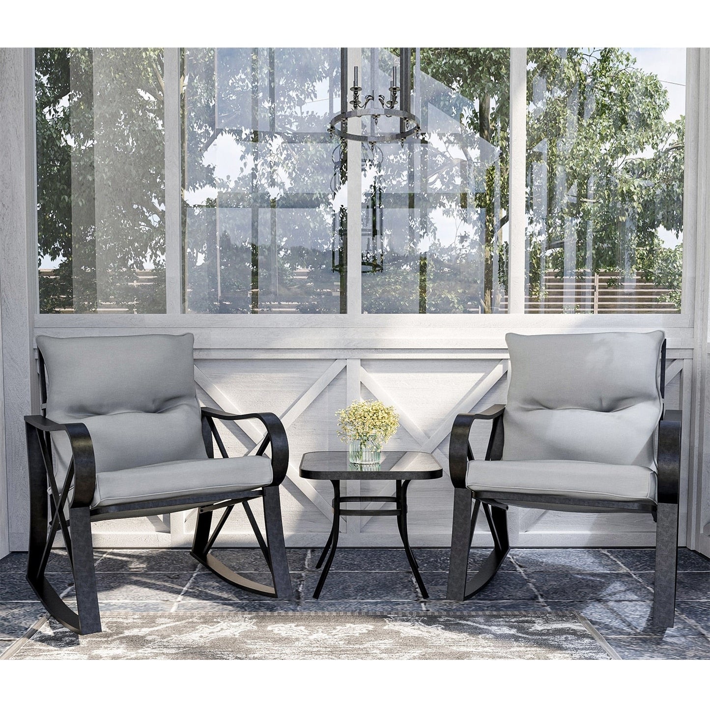 Ensemble de conversation extérieur 3 pièces avec fauteuil à bascule et table d'appoint, le plus confortable qui soit