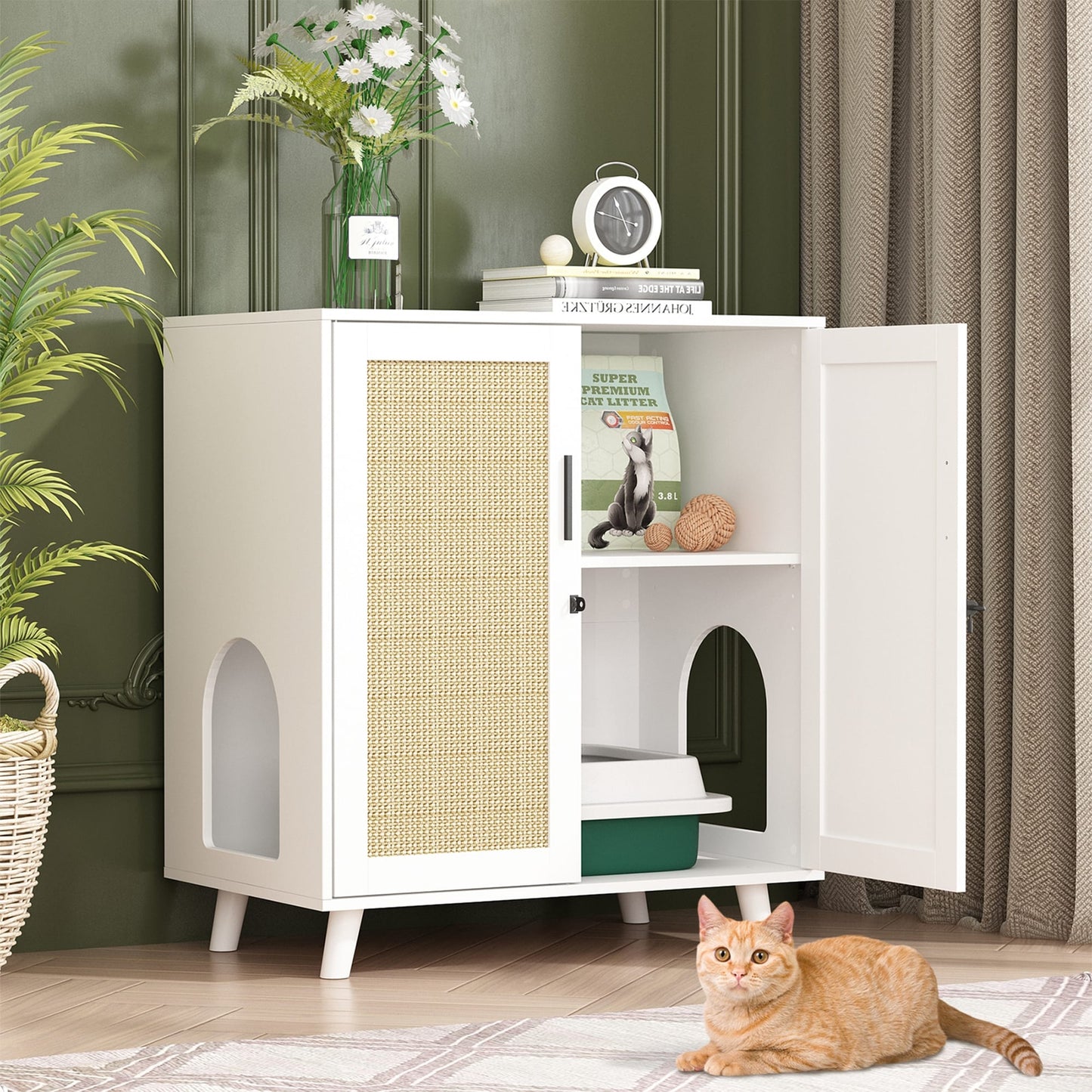Bac à litière pour chat, niche pour chat, table d'appoint, armoire à porte, bibliothèque