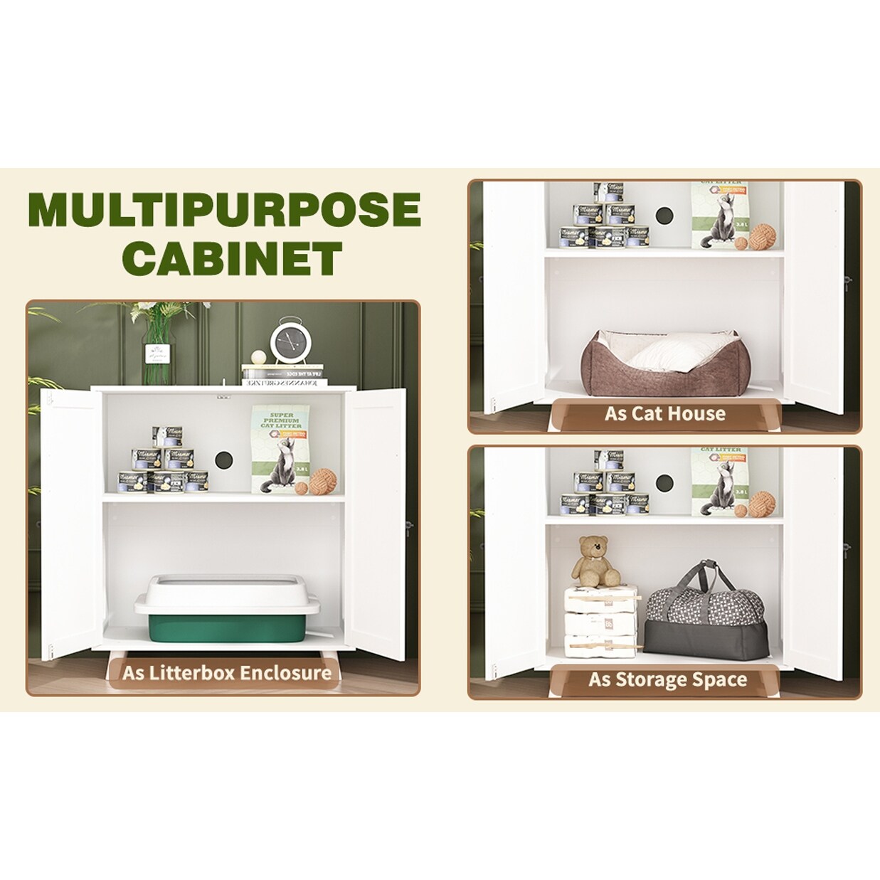 Bac à litière pour chat, niche pour chat, table d'appoint, armoire à porte, bibliothèque