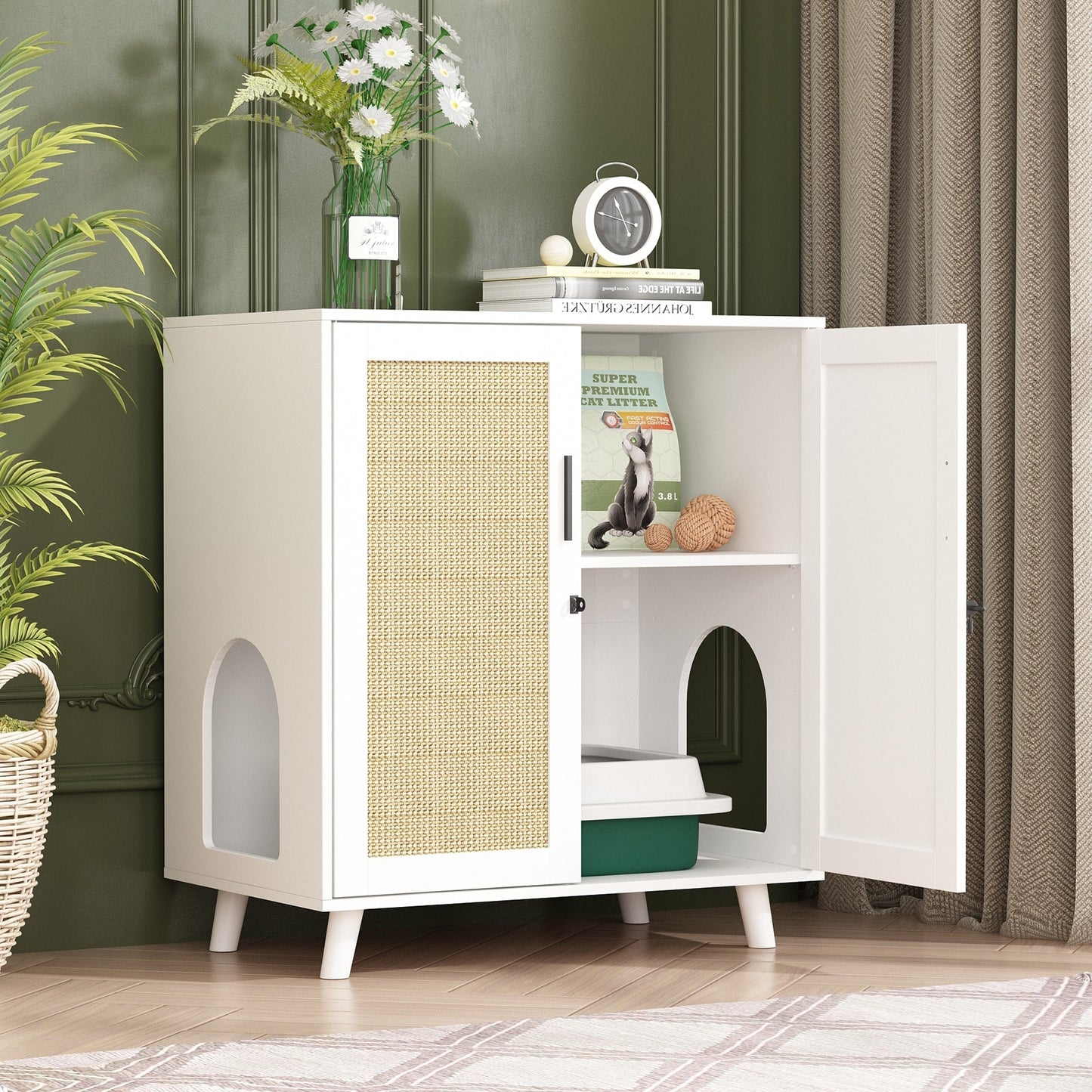 Bac à litière pour chat, niche pour chat, table d'appoint, armoire à porte, bibliothèque