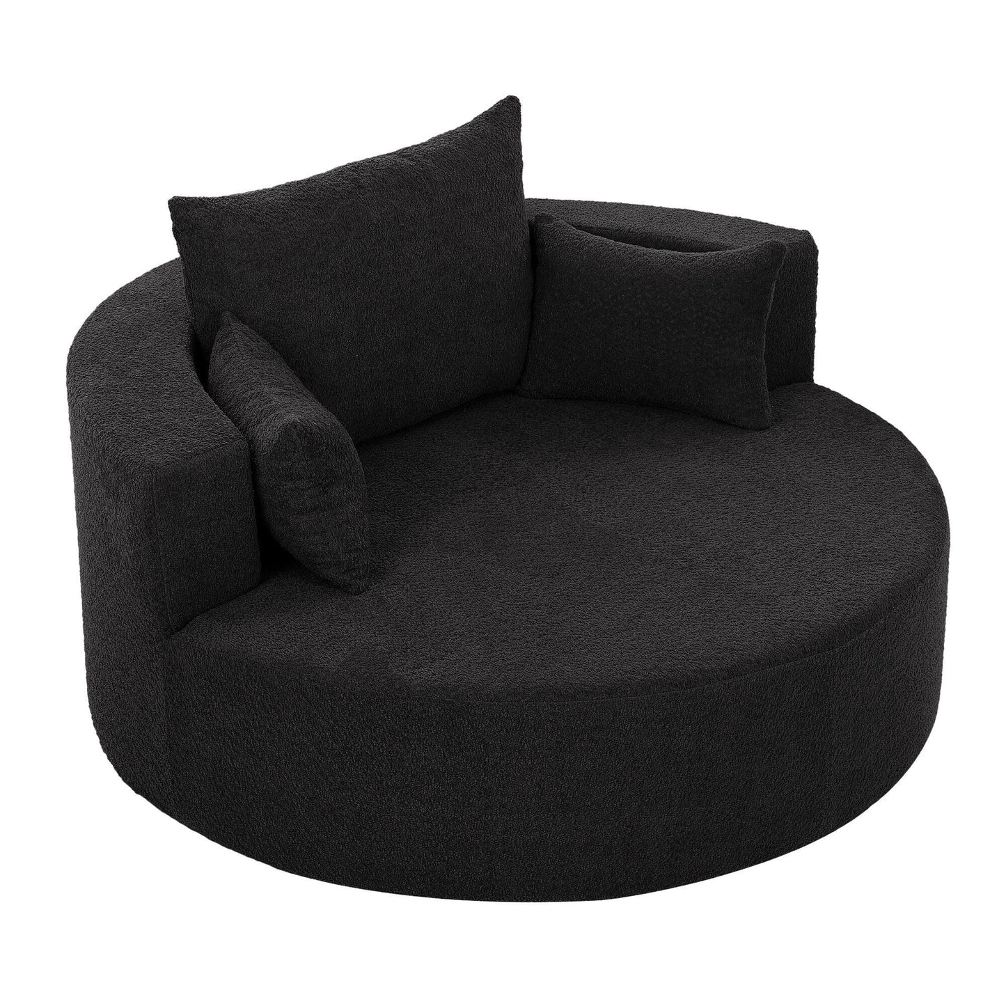 Fauteuil lounge rond en chenille, avec accoudoirs et base pivotante à 360° et 3 coussins amovibles