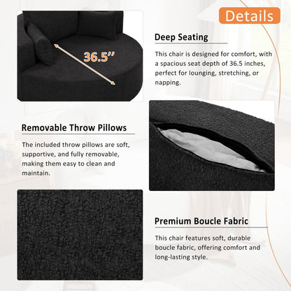 Fauteuil lounge rond en chenille, avec accoudoirs et base pivotante à 360° et 3 coussins amovibles