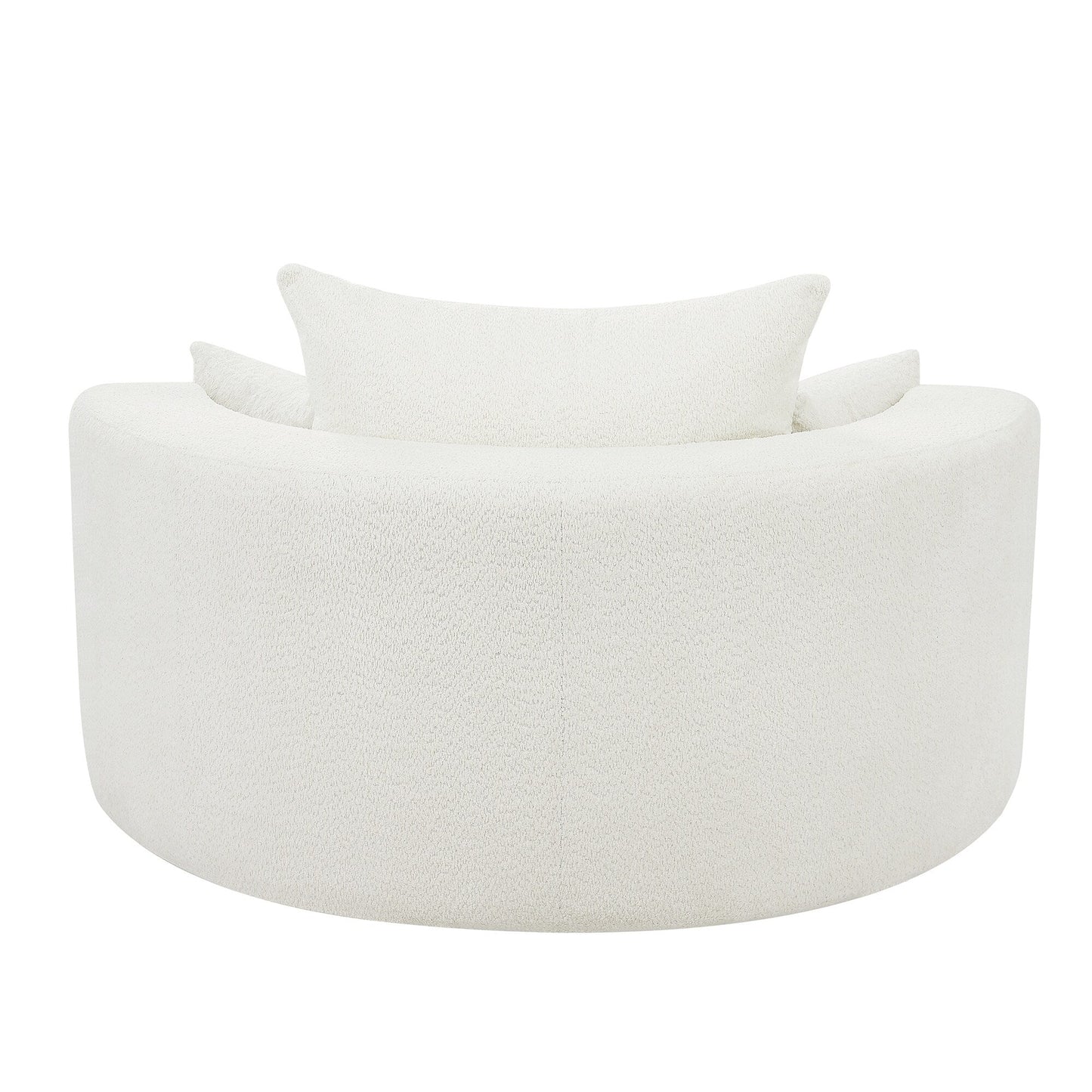 Fauteuil lounge rond en chenille, avec accoudoirs et base pivotante à 360° et 3 coussins amovibles