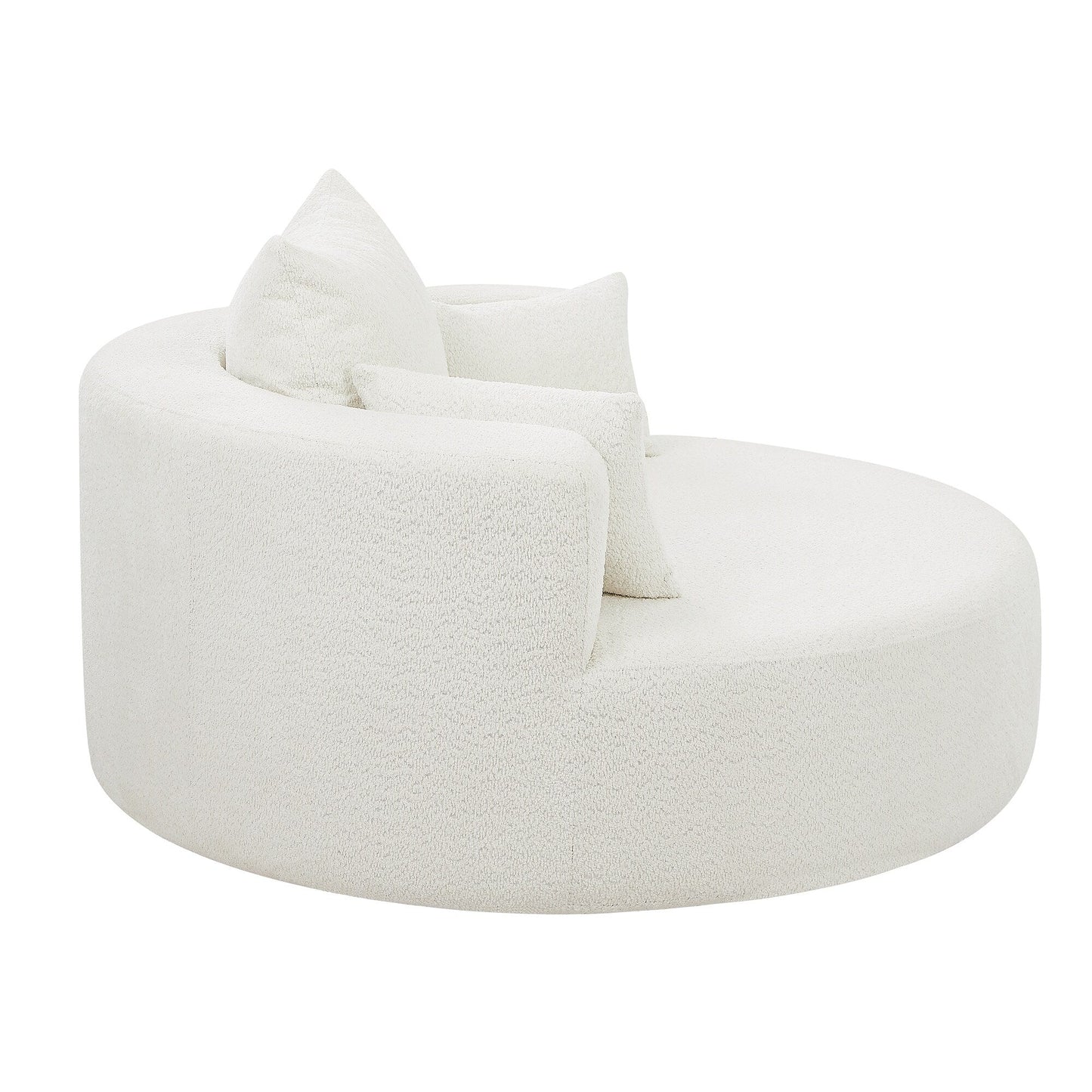 Fauteuil lounge rond en chenille, avec accoudoirs et base pivotante à 360° et 3 coussins amovibles
