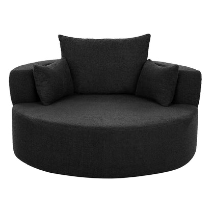 Fauteuil lounge rond en chenille, avec accoudoirs et base pivotante à 360° et 3 coussins amovibles