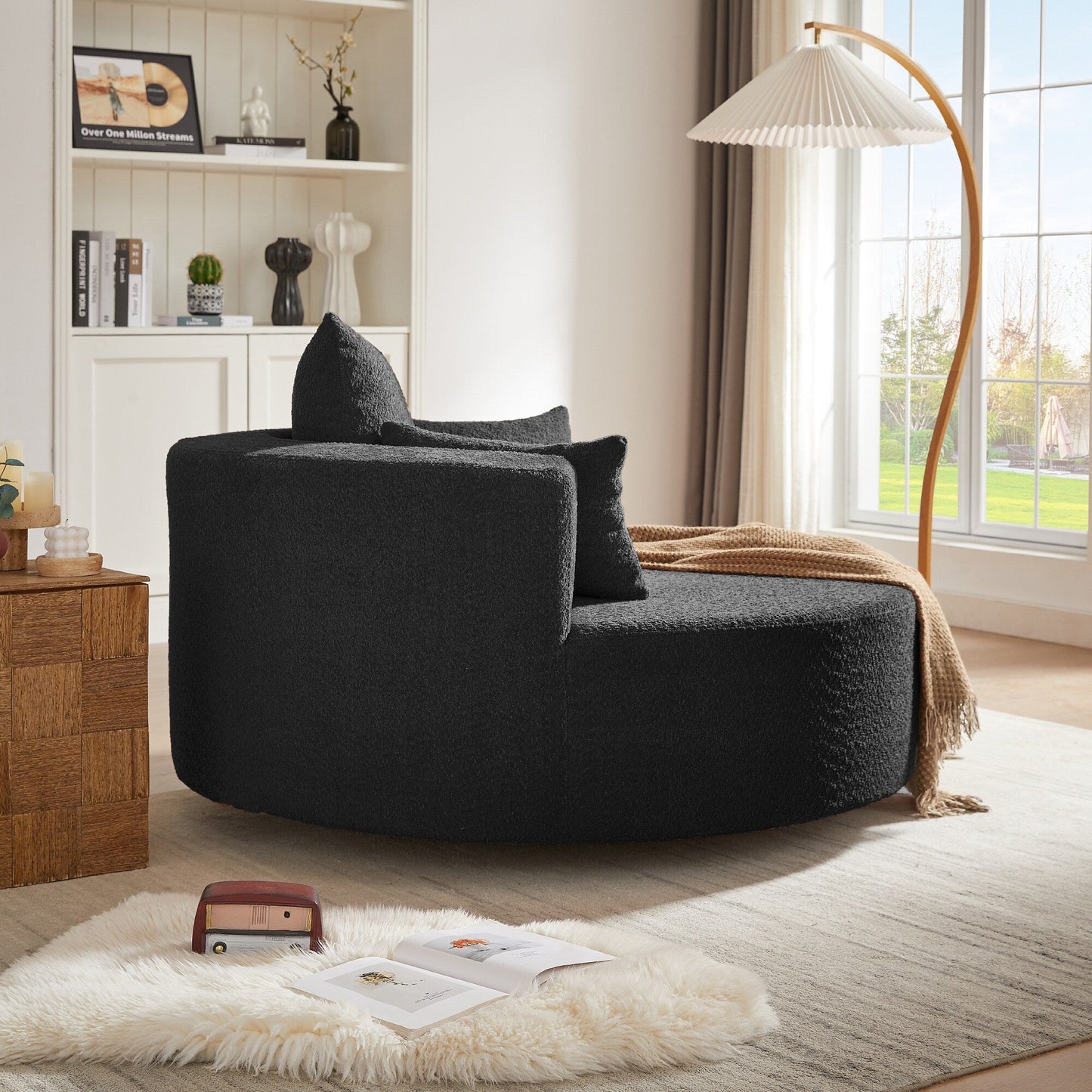 Fauteuil lounge rond en chenille, avec accoudoirs et base pivotante à 360° et 3 coussins amovibles