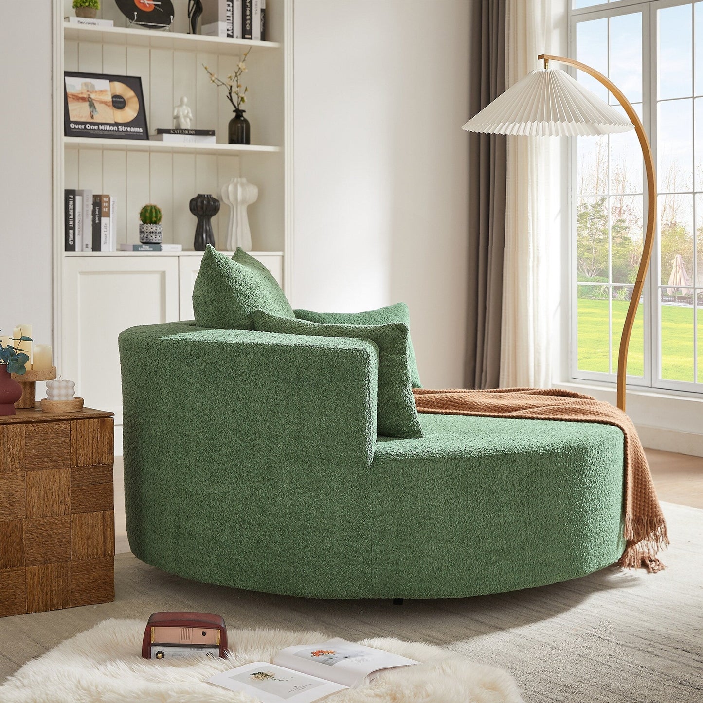 Fauteuil lounge rond en chenille, avec accoudoirs et base pivotante à 360° et 3 coussins amovibles