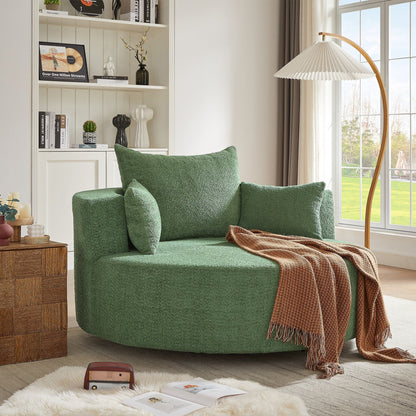 Fauteuil lounge rond en chenille, avec accoudoirs et base pivotante à 360° et 3 coussins amovibles