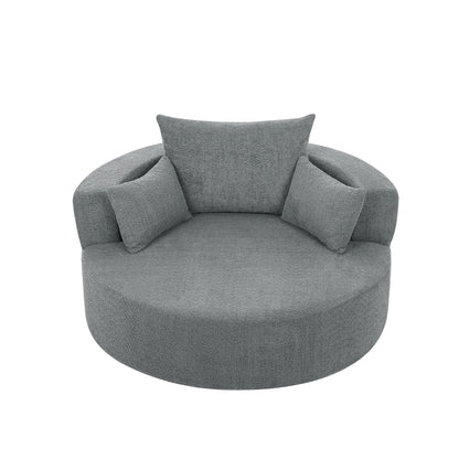 Fauteuil lounge rond en chenille, avec accoudoirs et base pivotante à 360° et 3 coussins amovibles