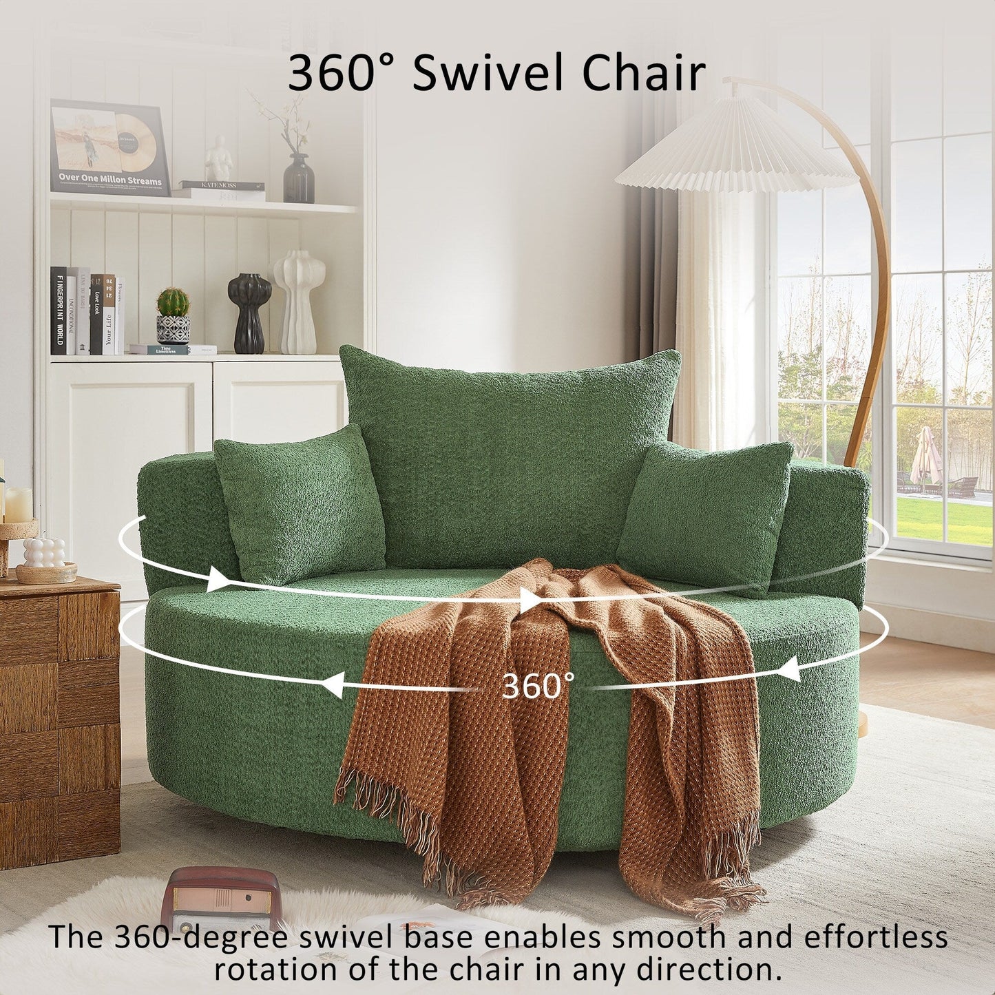 Fauteuil lounge rond en chenille, avec accoudoirs et base pivotante à 360° et 3 coussins amovibles