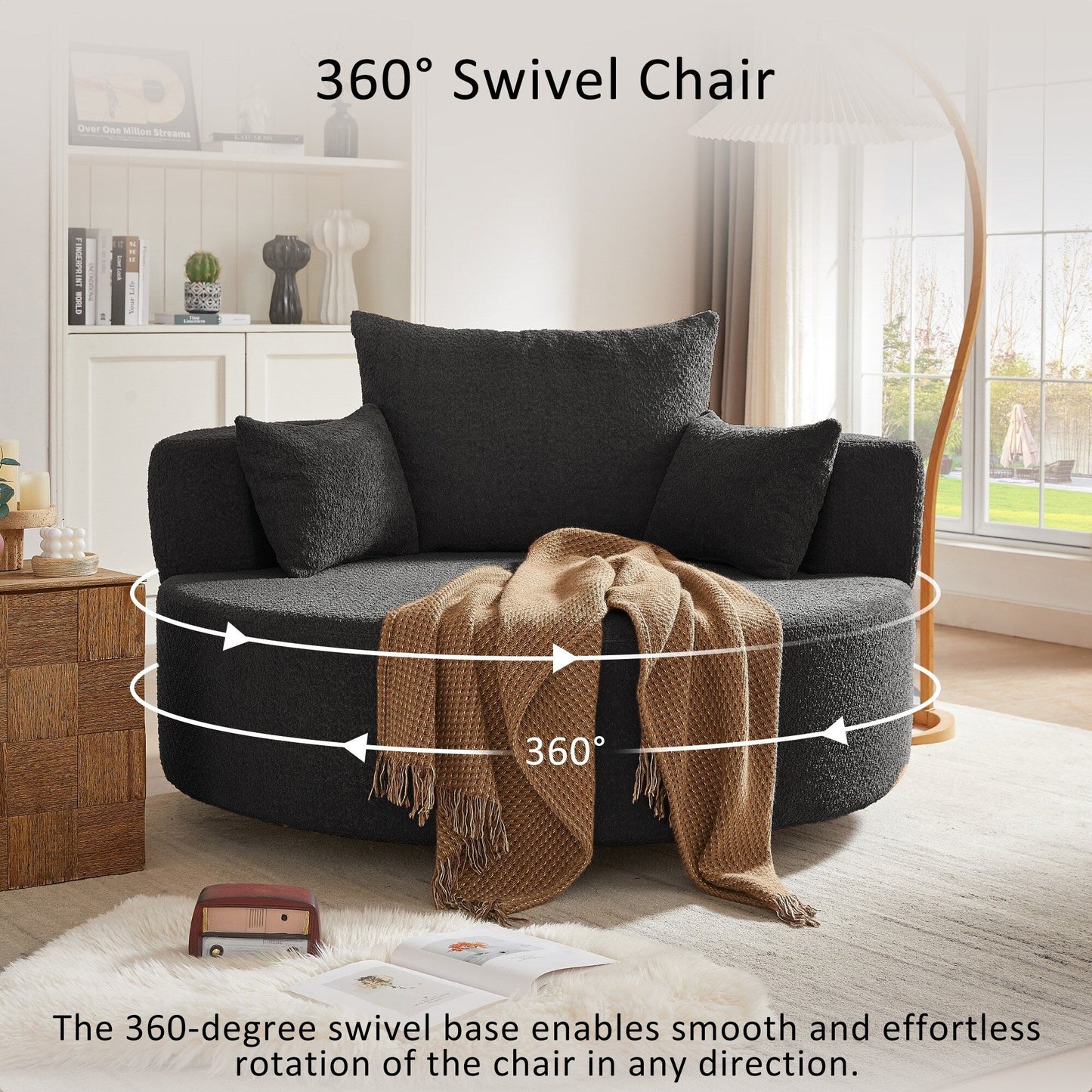 Fauteuil lounge rond en chenille, avec accoudoirs et base pivotante à 360° et 3 coussins amovibles