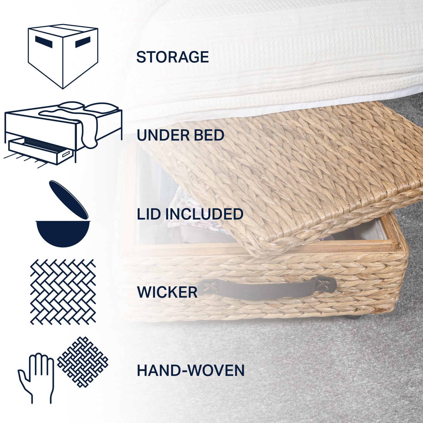 Bac de rangement sous lit en jacinthe/bois avec roulettes et poignées happimess