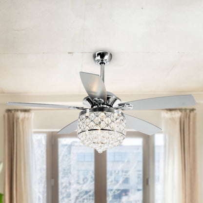 Lustre/ventilateur de plafond à 4 lumières chromé/cristal avec télécommande
