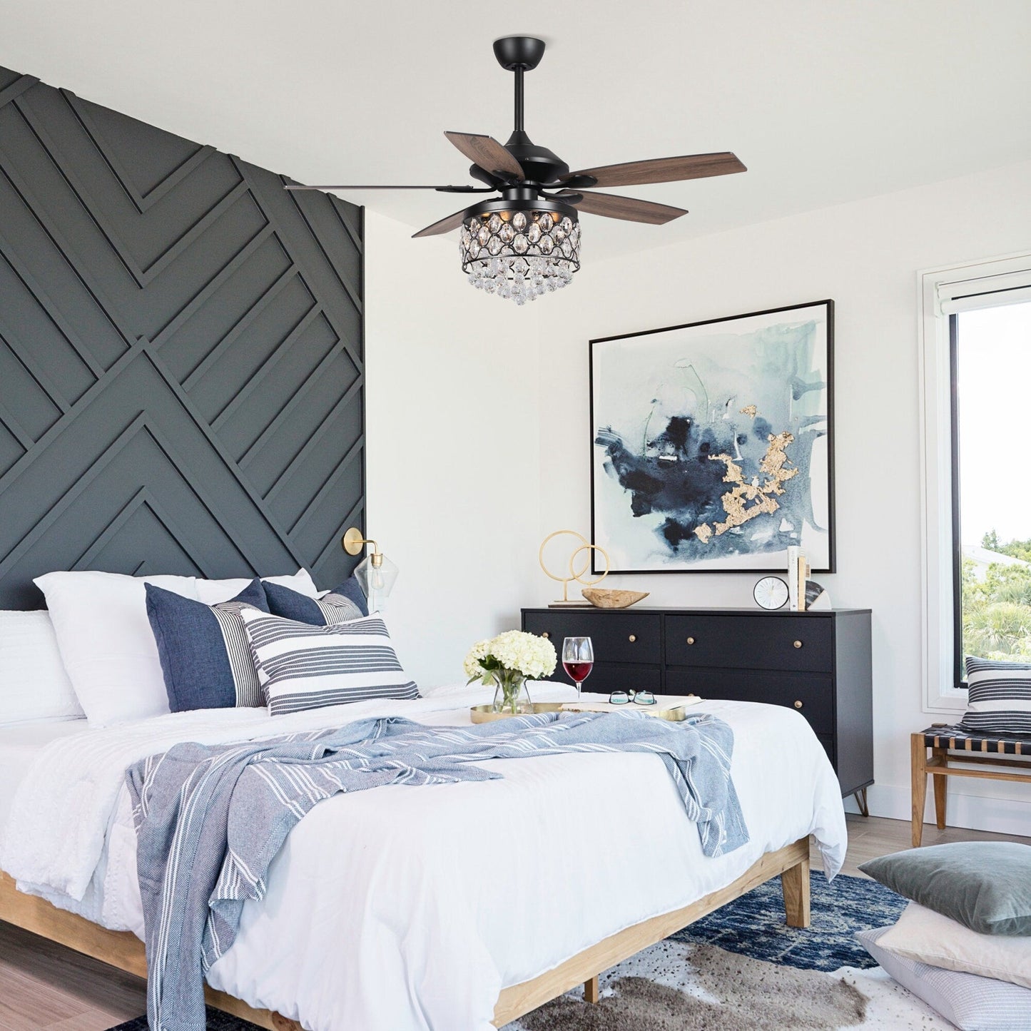 Lustre/ventilateur de plafond à 4 lumières chromé/cristal avec télécommande