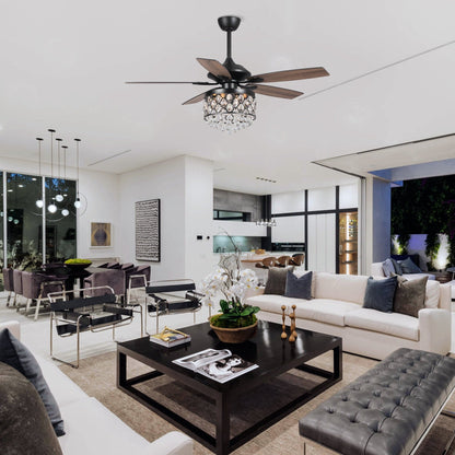 Lustre/ventilateur de plafond à 4 lumières chromé/cristal avec télécommande