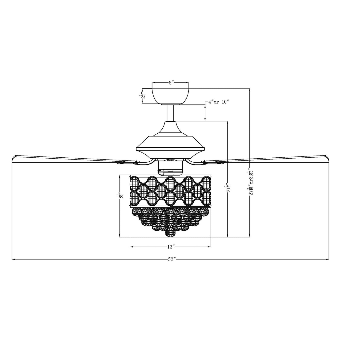 Lustre/ventilateur de plafond à 4 lumières chromé/cristal avec télécommande