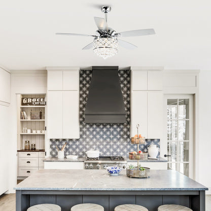 Lustre/ventilateur de plafond à 4 lumières chromé/cristal avec télécommande