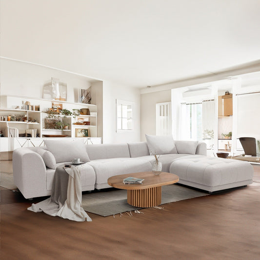 Canapé d'angle modulaire Cloud 144 avec pouf - Canapé de salon en tissu chenille moelleux