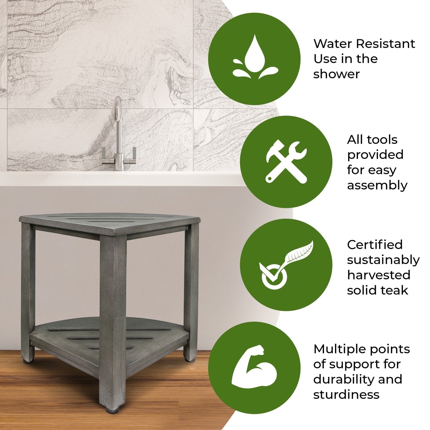 Étagère d'angle de douche en teck CoastalVogue, tabouret de douche pour se raser les jambes, repose-pieds de douche, tabouret de douche en teck, tabouret d'angle de douche