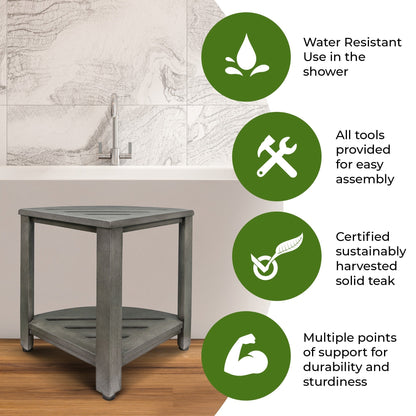 Étagère d'angle de douche en teck CoastalVogue, tabouret de douche pour se raser les jambes, repose-pieds de douche, tabouret de douche en teck, tabouret d'angle de douche