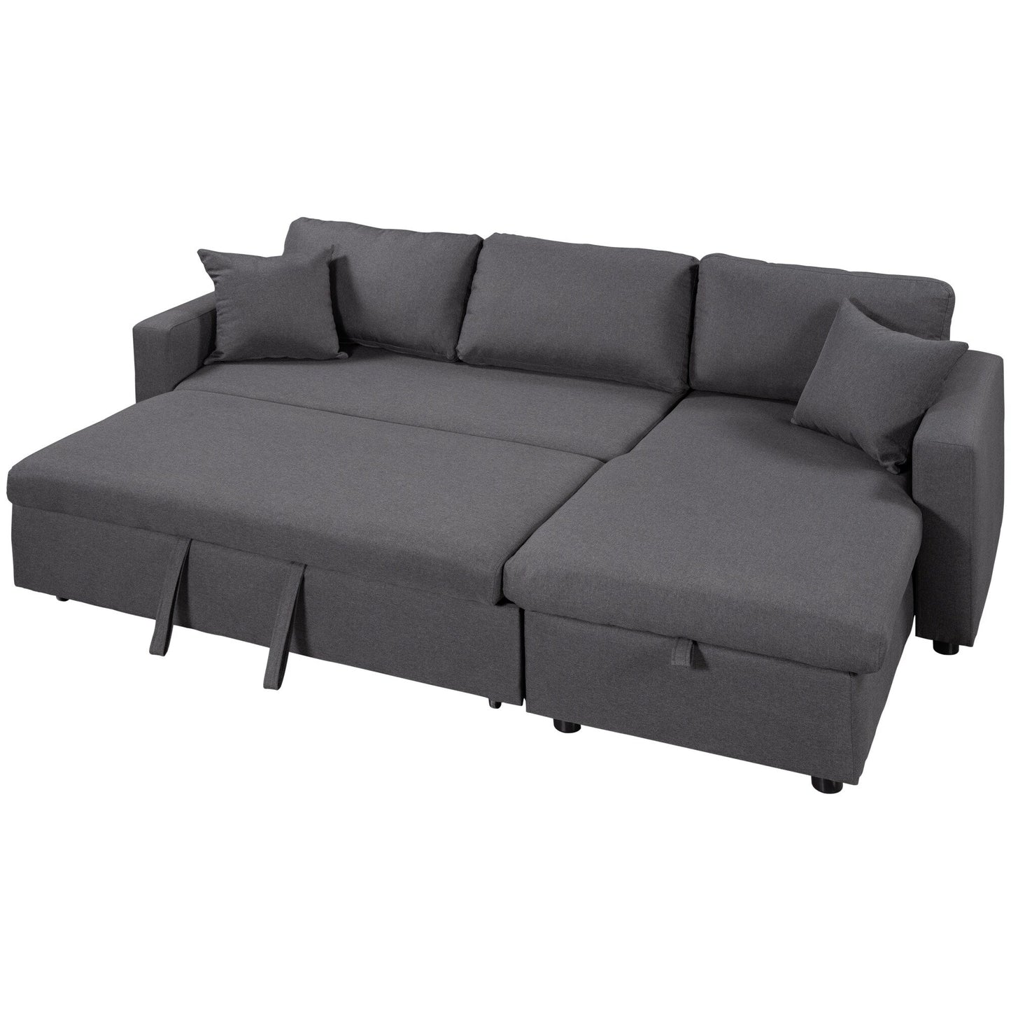 Canapé d'angle convertible en L avec lit gigogne et espace de rangement, 2 coussins décoratifs